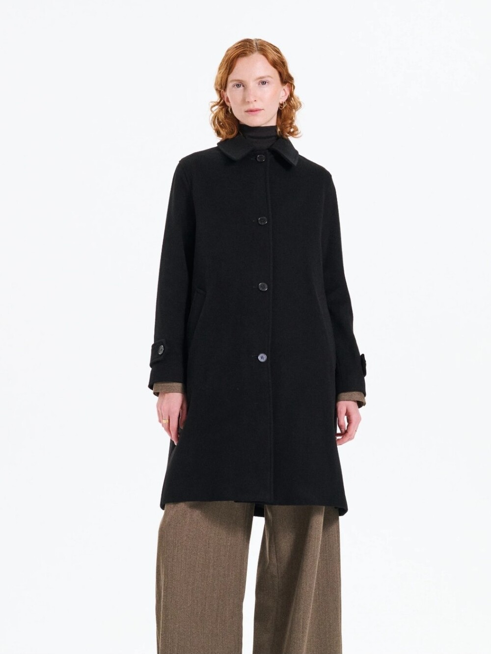 Women's Black A-Line Pea Coat with Rounded Collar